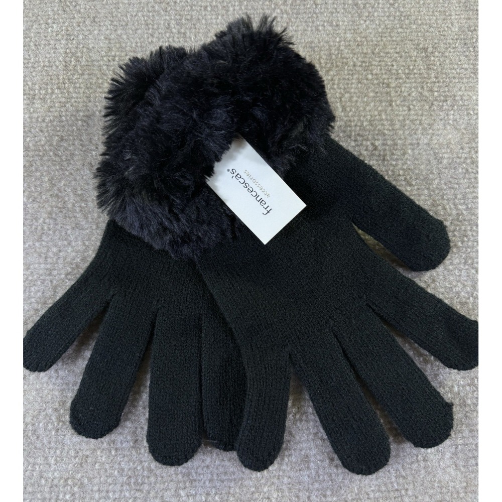 francesca's Knit Black Gloves with Faux Fur Cuffs NWT